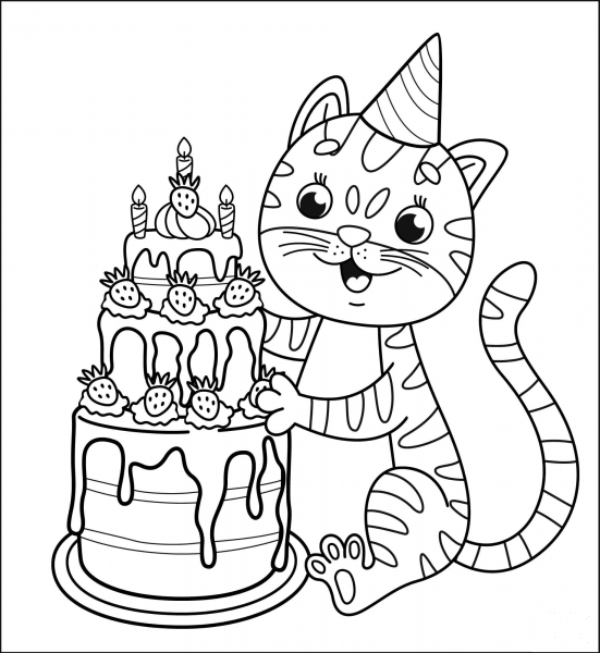 Happy Birthday with Cat coloring page image