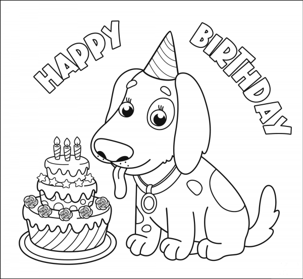 Happy Birthday with Dog coloring page image