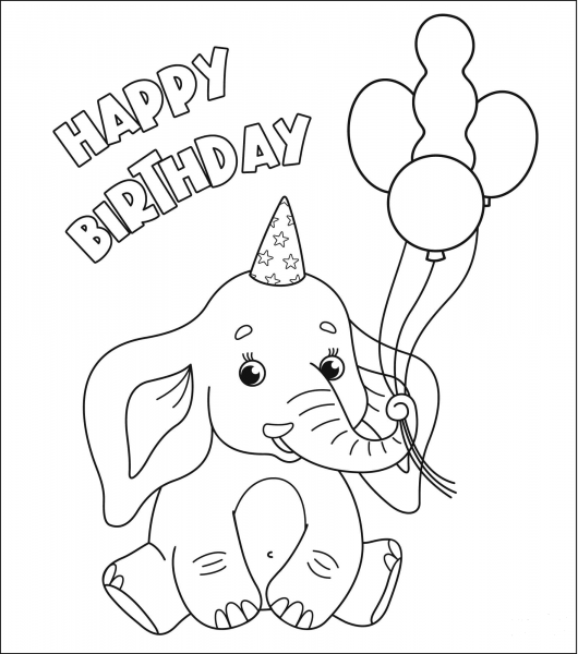 Happy Birthday with Elephant coloring page image