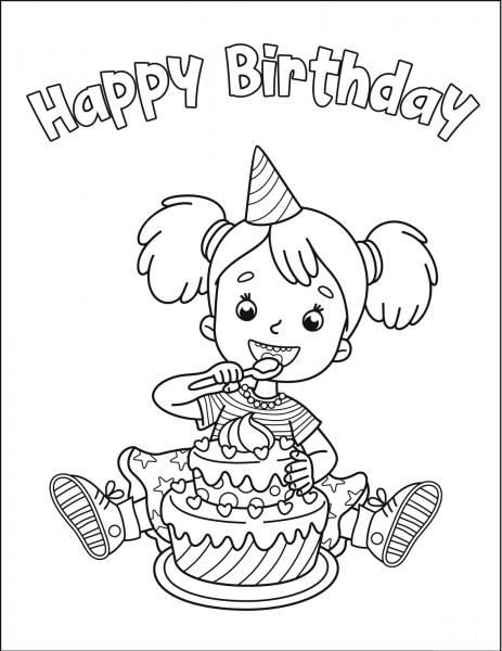 Happy Birthday with Girl coloring page image