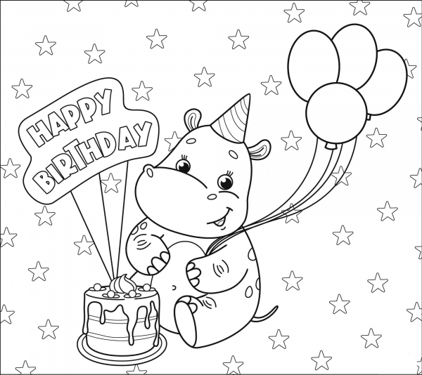 Happy Birthday with Hippo coloring page image
