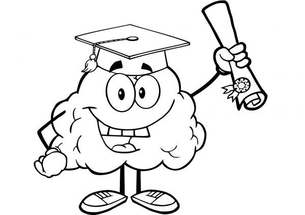 Happy Brain Character Graduate with Diploma coloring page image
