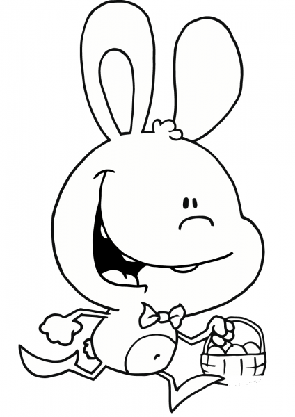 Happy Bunny Running with Easter Eggs in a Basket coloring page image