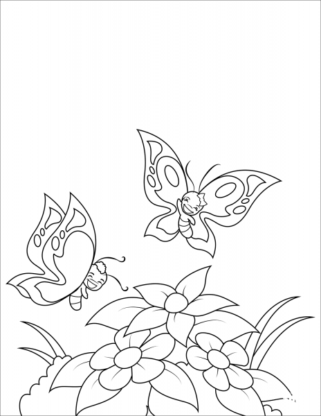 Happy Butterflies Fly Over Flowers coloring page image