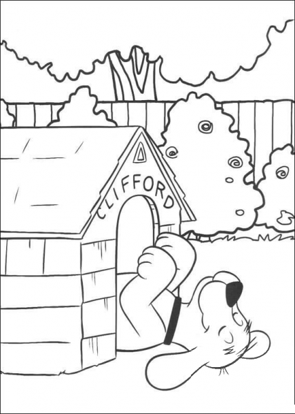 Happy Clifford In Its Dog house  coloring page image