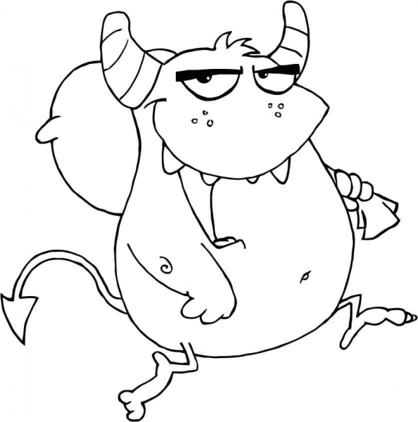 Happy Devil Runs with Bag coloring page image