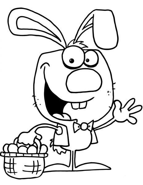 Happy Easter Bunny with Basket of Eggs coloring page image