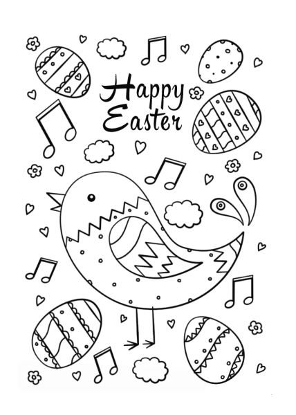 Happy Easter Doodle with Bird and Eggs coloring page image