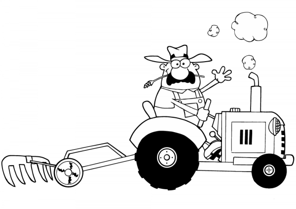 Happy Farmer Driving Tractor coloring page image