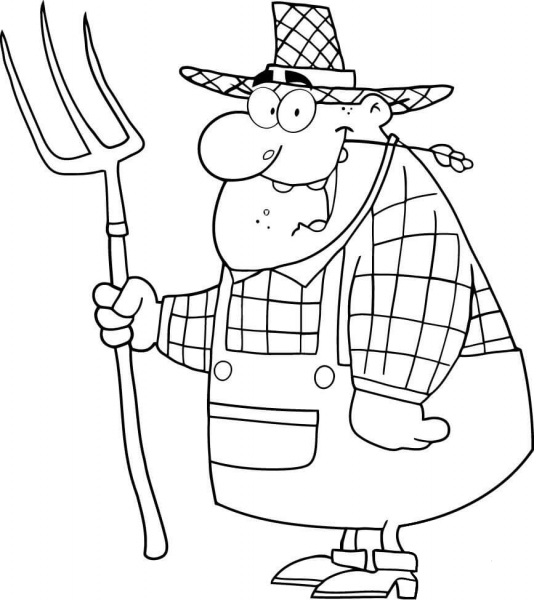 Happy Farmer Man Carrying a pitchfork coloring page image