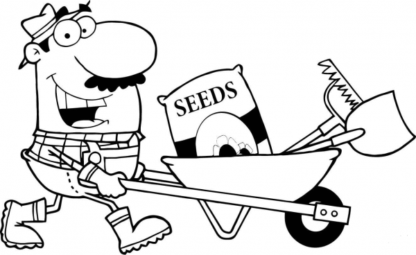 Happy Gardener Drives a Barrow with Tools coloring page image