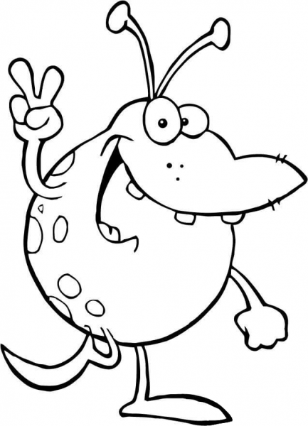 Happy Green Alien Gesturing a Peace Sign coloring page image