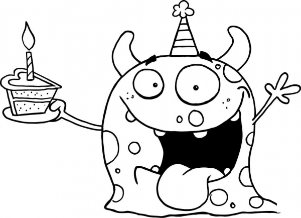 Happy Monster Celebrates Birthday with Cake coloring page image