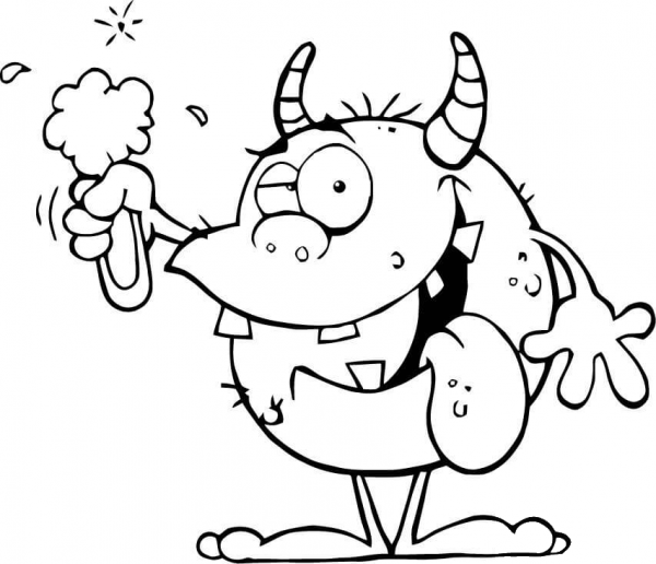 Happy Monster Creature with Flask coloring page image