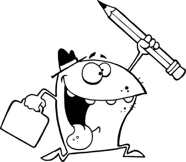 Happy Monster Runs with Briefcase and Pencil coloring page image
