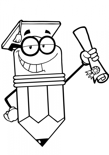 Happy Pencil Character Graduate with Diploma coloring page image