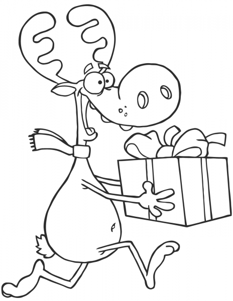 Happy Reindeer Runs with Bag coloring page image