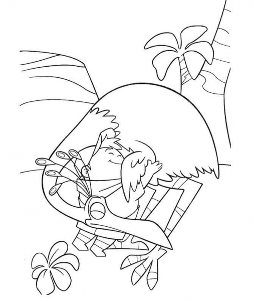 Happy Russell With a giant bird coloring page image