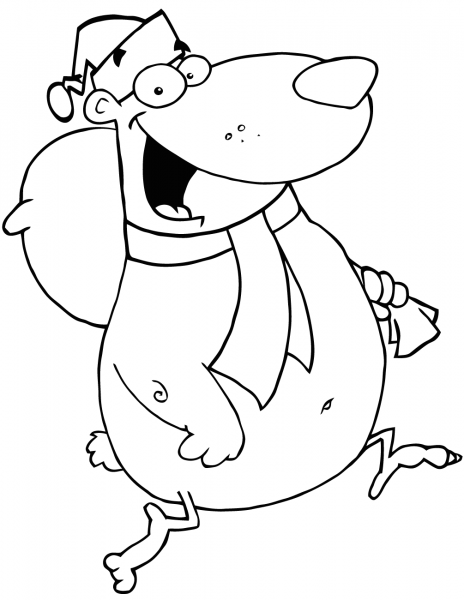 Happy Santa Bear Runs with Bag coloring page image