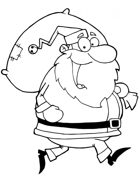 Happy Santa Claus Runs with Bag coloring page image