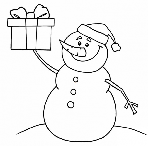 Happy Snowman Holding up a Christmas Present coloring page image