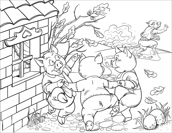 Happy Three Little Pigs Dancing coloring page image