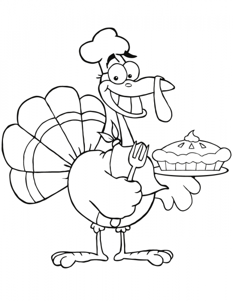 Happy Turkey Chef with Pie coloring page image