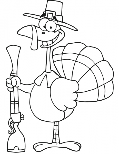 Happy Turkey with Pilgrim Hat and Musket coloring page image