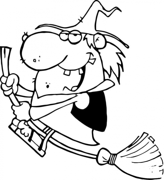 Happy Witch Rides Broom coloring page image