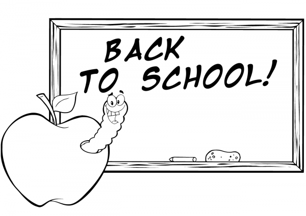 Happy Worm in Apple in Front of School Chalk Board coloring page image