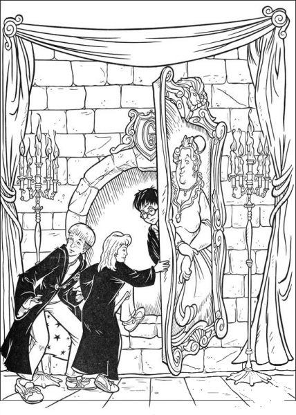 Harry and his friends are sneaking to the secret door  coloring page image