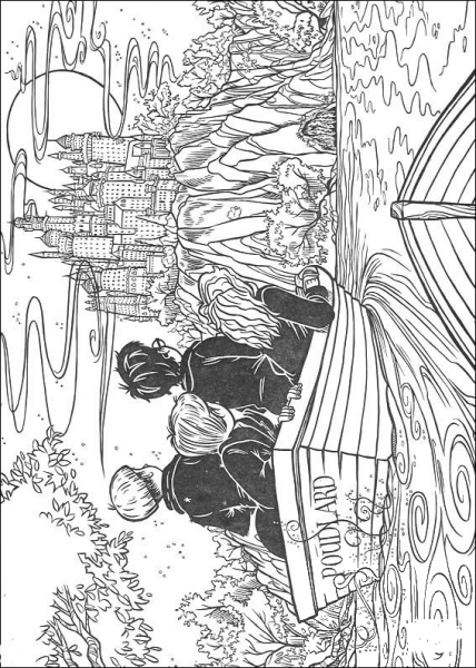 Harry Potter, Ron and Hermione are on the Way to the Castle  coloring page image