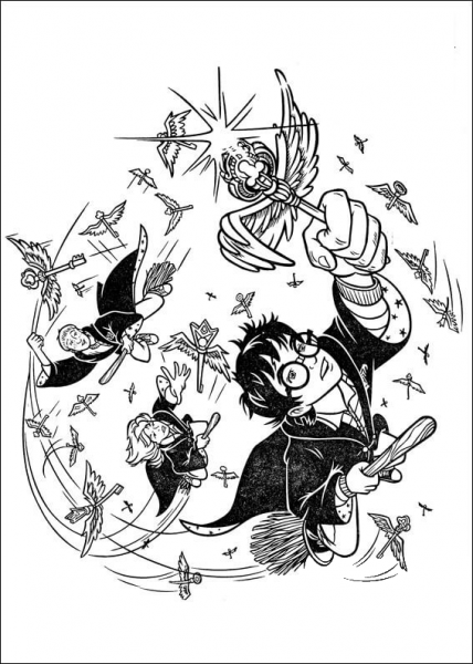 Harry, Ron and Hermione are catching magic keys in the air  coloring page image