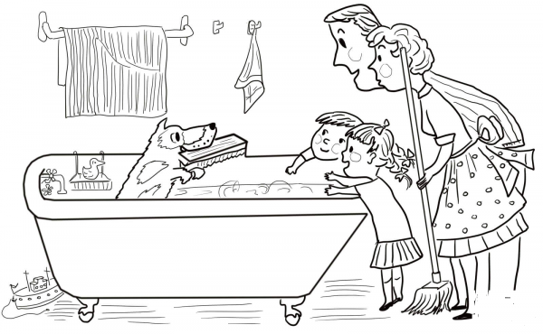 Harry the Dirty Dog in the Bathroom coloring page image