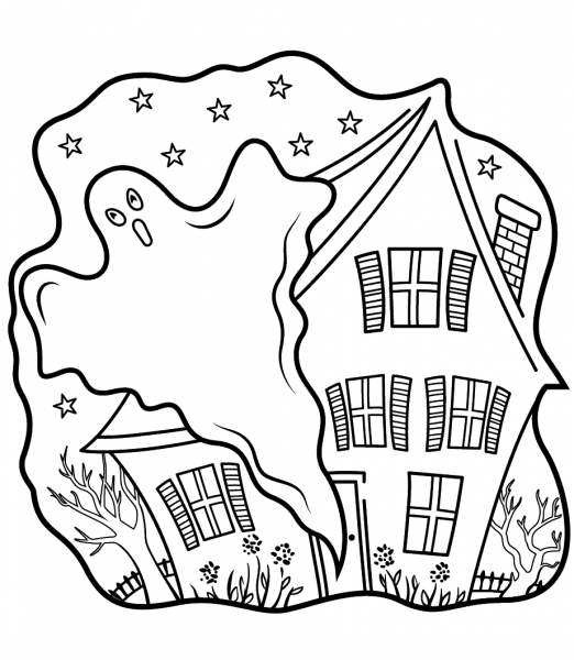 Haunted Houses with Ghost coloring page image