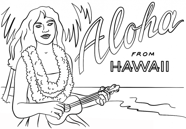 Hawaiian Girl with Lei and Ukulele coloring page image