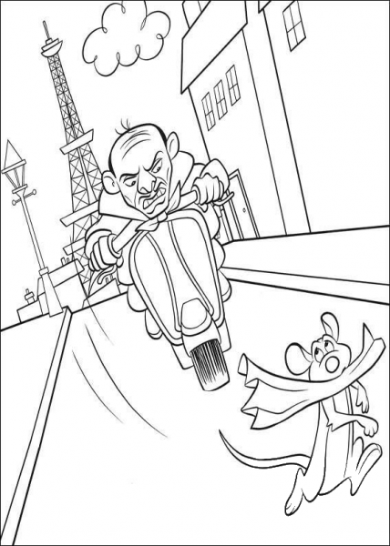 Health Inspector is chasing Remy on the Parisian street. Eiffel Tower is behind him.  coloring page image