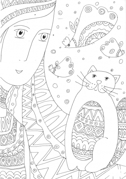 Heart to Heart Talk with the Cat coloring page image