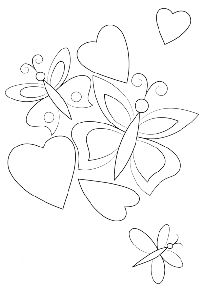 Hearts and Butterflies coloring page image