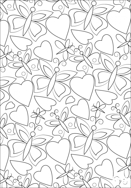 Hearts and Butterflies Pattern coloring page image