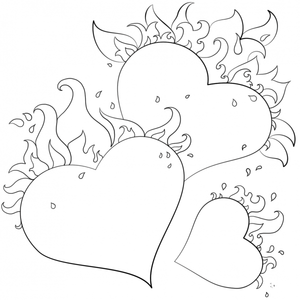 Hearts with Flames coloring page image
