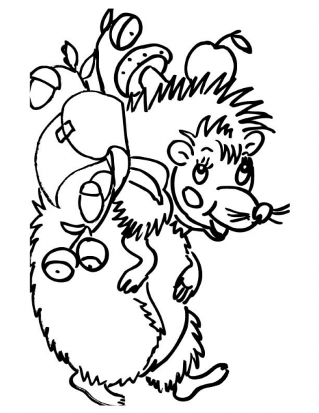 Hedgehog Carrying Apple Mushrooms and Berries  coloring page image