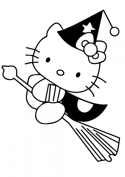 Hello Kitty Flying on Broom coloring page image