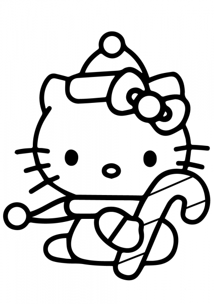 Hello Kitty with Christmas Candy Cane coloring page image