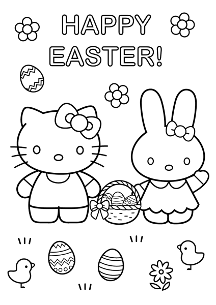 Hello Kitty with Easter Bunny coloring page image