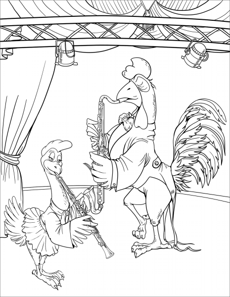Hen and Rooster Playing Clarinet and Saxophone coloring page image