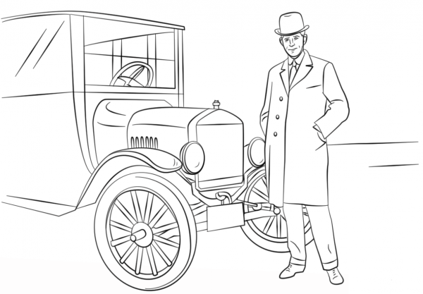 Henry Ford and Model T Car coloring page image