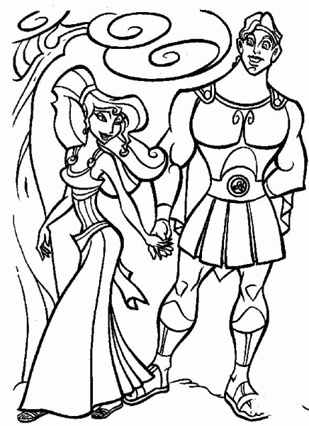 Hercules and Megara are walking together coloring page image