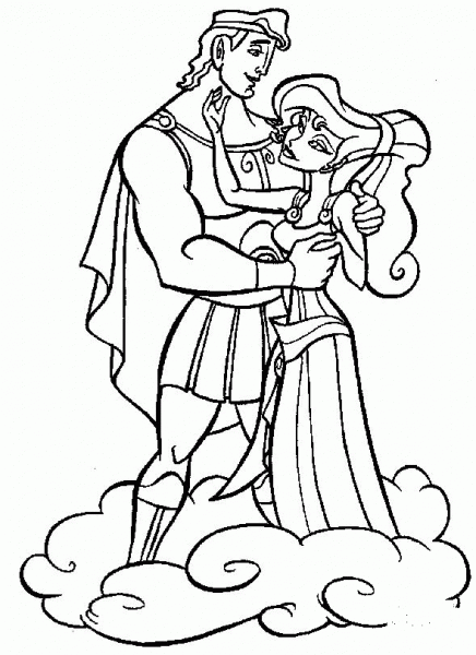 Hercules and Megara on cloud  coloring page image