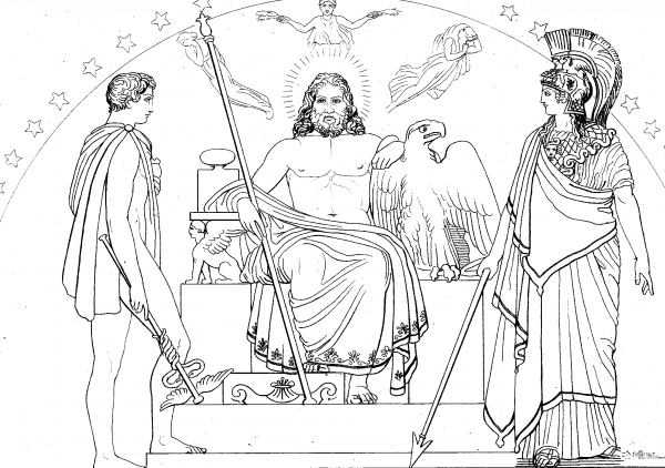 Hermes, Zeus and Athena coloring page image